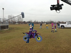 Size: 1034x772 | Tagged: safe, indigo zap, sour sweet, sunny flare, equestria girls, g4, car, equestria girls in real life, irl, motocross outfit, motorcross, motorcycle, photo, tree