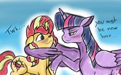 Size: 1024x640 | Tagged: safe, artist:angeltorchic, sunset shimmer, twilight sparkle, alicorn, pony, unicorn, g4, blushing, digital art, female, lesbian, ship:sunsetsparkle, shipping, twilight sparkle (alicorn)