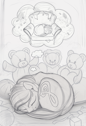 Size: 1100x1600 | Tagged: safe, artist:yakovlev-vad, octavia melody, earth pony, pony, g4, behaving like a cat, chair, cute, dream, female, monochrome, sketch, sleeping, solo, tavibetes, teddy bear