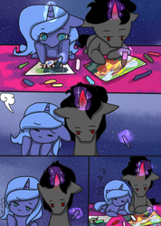 Size: 500x703 | Tagged: safe, artist:princessflamingtwilight, king sombra, princess luna, alicorn, unicorn, g4, crayon, female, horn, male, s1 luna, ship:lumbra, shipping, sleeping, straight, younger