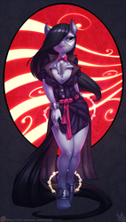 Size: 681x1200 | Tagged: safe, artist:atryl, octavia melody, earth pony, anthro, unguligrade anthro, g4, arm behind back, bedroom eyes, bowtie, breasts, chains, clothes, crossover, cuffs, dress, female, full body, hair over one eye, manacles, mask, missing shoes, patreon, patreon logo, phantom of the opera, sexy, shackles, smiling, socks, solo, stockings, thigh highs
