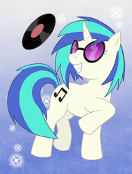 Size: 480x633 | Tagged: safe, artist:kurapika, dj pon-3, vinyl scratch, pony, unicorn, g4, cutie mark, dancing, female, record, solo, sunglasses