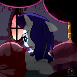 Size: 2000x2000 | Tagged: safe, artist:ponyecho, part of a set, rarity, pony, unicorn, g4, bed, bed hair, bedroom, female, hair over one eye, high res, mare, messy mane, morning ponies, ponyecho is trying to murder us, show accurate, sleepy, solo, sunrise