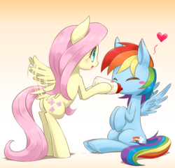 Size: 1021x985 | Tagged: safe, artist:hashioaryut, fluttershy, rainbow dash, pegasus, pony, g4, adult foal, baby bottle, bipedal, blushing, cute, dashabetes, duo, eyes closed, feeding, flapping, gradient background, heart, hoof hold, open mouth, shyabetes, sitting, smiling, spread wings, underhoof