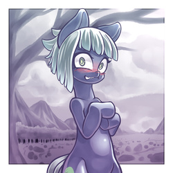 Size: 3000x3000 | Tagged: safe, artist:kaikoinu, limestone pie, earth pony, pony, g4, bipedal, blushing, female, high res, looking at you, mare, mountain, mountain range, palindrome get, pixiv, rock farm, solo, tree