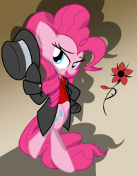 Size: 1400x1800 | Tagged: safe, artist:geraritydevillefort, pinkie pie, earth pony, pony, g4, bedroom eyes, clothes, crossover, cute, diapinkes, female, flower, hat, hoof hold, looking at you, mare, open mouth, pose, rose, shadow, solo, standing, the scarlet pimpernel, top hat