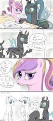 Size: 2195x5000 | Tagged: safe, artist:plotcore, double diamond, princess cadance, queen chrysalis, rarity, changeling, g4, :3, blushing, comic, cute, implied diamond duo, implied rarity, self ponidox, shipper on deck, shipping, shipping chart