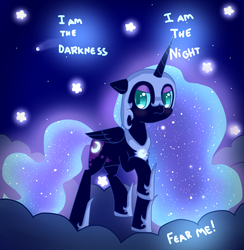 Size: 800x819 | Tagged: safe, artist:saiadass, nightmare moon, alicorn, pony, g4, cloud, female, floppy ears, i am the night, mare, night, shooting star, snow, solo, stars