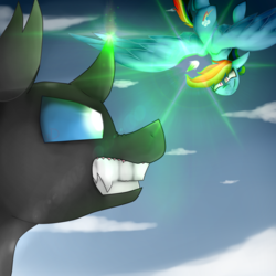 Size: 1000x1000 | Tagged: safe, artist:drawingdarkblade, rainbow dash, changeling, g4, fight, magic