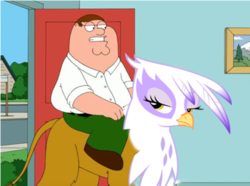 Size: 800x595 | Tagged: safe, gilda, griffon, g4, background pony strikes again, comments locked down, door, family guy, female, frown, glare, gritted teeth, humans riding griffons, lidded eyes, looking back, male, peter griffin, pun, riding