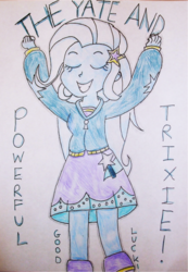 Size: 952x1376 | Tagged: safe, artist:blazingdazzlingdusk, trixie, equestria girls, g4, drawing, eyes closed, female, great and powerful, solo, traditional art