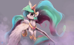 Size: 2600x1600 | Tagged: dead source, safe, artist:noctilucent-arts, princess celestia, alicorn, pony, g4, airborne, collar, crown, cute, cutelestia, dock, female, fluffy, flying, glowing horn, high res, horn, jewelry, looking up, magic, majestic, mare, necklace, regalia, simple background, smiling, solo, spread wings, tiara, wings