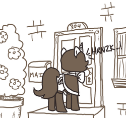 Size: 640x600 | Tagged: safe, artist:ficficponyfic, oc, oc only, oc:joyride, pony, unicorn, colt quest, adult, apartment, brick, brick wall, bricks, clothes, door, drunk, female, horn, mailbox, mare, pot, potted plant, story included, tree, window