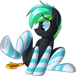 Size: 1474x1483 | Tagged: safe, artist:january3rd, oc, oc only, oc:glitch, clothes, cute, embarrassed, simple background, socks, solo, striped socks, transparent background, underhoof