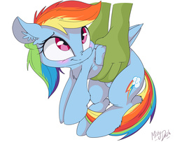 Size: 2917x2363 | Tagged: dead source, safe, artist:mistydash, rainbow dash, oc, oc:anon, human, pegasus, pony, g4, :t, blushing, chest fluff, cute, dashabetes, disembodied hand, ear fluff, female, fluffy, hand, high res, holding a pony, leg fluff, lifting, looking back, looking up, mare, nose wrinkle, simple background, smiling, solo focus, white background, wing fluff