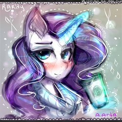 Size: 1024x1024 | Tagged: safe, artist:rainbowblueberry2016, rarity, pony, unicorn, g4, blushing, clothes, coffee, female, food, glowing horn, horn, levitation, magic, mare, solo, sweater, telekinesis, watermark