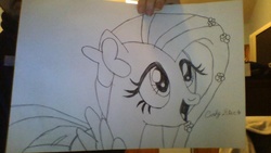 Size: 1024x576 | Tagged: safe, artist:dcdavid28, fluttershy, g4, the best night ever, clothes, dress, female, gala dress, kindness, monochrome, pencil drawing, photo, solo, traditional art
