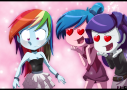 Size: 1021x720 | Tagged: safe, artist:fj-c, firefly, rainbow dash, rarity, equestria girls, g1, g4, clothes, dress, earring, g1 to g4, generation leap, heart eyes, piercing, rainbow dash always dresses in style, skirt, wingding eyes