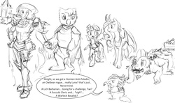 Size: 1200x708 | Tagged: safe, artist:silfoe, princess cadance, princess celestia, princess luna, shining armor, spike, twilight sparkle, basilisk, human, lich, owlbear, succubus, royal sketchbook, g4, antipaladin, armor, bat wings, cleric, dungeons and dragons, fantasy class, game, grayscale, hammer, humanized, monochrome, rogue, roleplaying, simple background, species swap, twilich sparkle, twilight sparkle (alicorn), war hammer, warlock, weapon, white background, wings, woman