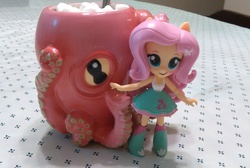 Size: 2117x1426 | Tagged: safe, artist:depressedcomedian, fluttershy, octopus, equestria girls, g4, clothes, doll, equestria girls minis, eqventures of the minis, figure, figurine, food, hot chocolate, irl, marshmallow, mug, photo, skirt, solo, tank top, toy