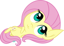 Size: 778x568 | Tagged: safe, artist:silverrainclouds, fluttershy, pegasus, pony, g4, :3, bellyrubs, chibi, cute, female, looking up, on side, shyabetes, simple background, smiling, solo, transparent background, weapons-grade cute