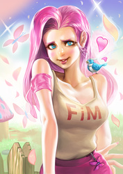 Size: 3508x4961 | Tagged: safe, artist:sinobilante, fluttershy, bird, human, g4, absurd resolution, anatomically incorrect, breasts, busty fluttershy, clothes, female, heart, humanized, petals, solo, tank top, uncanny valley