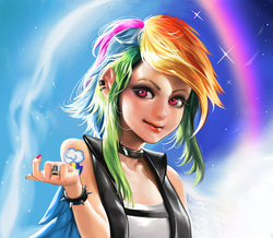 Size: 1000x872 | Tagged: safe, artist:sinobilante, rainbow dash, human, g4, clothes, elf ears, female, humanized, nail polish, solo, tank top, vest, winged humanization