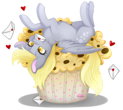 Size: 2246x2000 | Tagged: safe, artist:pillonchou, derpy hooves, pegasus, pony, g4, female, food, high res, letter, mail, mare, muffin, solo, that pony sure does love muffins