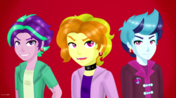 Size: 1024x570 | Tagged: safe, artist:a-r-i-a-1997, adagio dazzle, aria blaze, sonata dusk, equestria girls, g4, allegro amoroso, bishonen, clothes, collar, earring, equestria guys, looking at you, male, necklace, ouvertis grandioso, piercing, rule 63, scherzo lesto, the blindings, the dazzlings