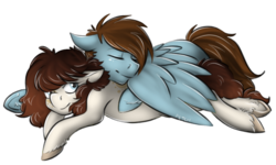 Size: 699x420 | Tagged: safe, artist:cnat, oc, oc only, oc:charlie, oc:sorren, earth pony, pegasus, pony, charren, couple, cuddling, cute, prone, simple background, snuggling, wings