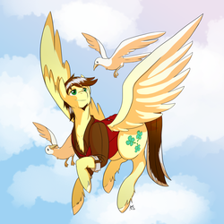 Size: 1700x1700 | Tagged: safe, artist:curiouskeys, oc, oc only, oc:silver lining, bird, pegasus, pony, clothes, cloud, flying, solo