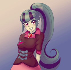Size: 1224x1210 | Tagged: safe, artist:rileyav, sonata dusk, equestria girls, g4, blushing, breasts, clothes, cute, female, gem, grin, hands behind back, looking at you, ponytail, siren gem, smiling, solo, sonatabetes