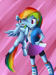 Size: 1024x1365 | Tagged: safe, artist:megagibs, rainbow dash, human, pegasus, pony, equestria girls, g4, cute, dashabetes, female, hug, human ponidox, mare, square crossover, tiny ponies