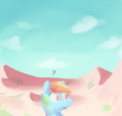 Size: 684x652 | Tagged: safe, artist:nobody, rainbow dash, g4, desert, dune, female, lineless, lost, question mark, sky, solo