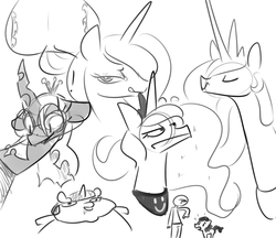 Size: 1000x862 | Tagged: safe, artist:nobody, princess celestia, princess luna, queen chrysalis, twilight sparkle, oc, oc:anon, g4, dork, dorkalis, monochrome, sketch dump