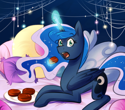 Size: 850x750 | Tagged: safe, artist:cosmalumi, princess luna, alicorn, pony, g4, adorkable, bed, cake, caught, cute, dork, featured image, female, food, frown, levitation, looking at you, lunabetes, magic, mare, missing accessory, moon pie, open mouth, pillow, prone, snacks, solo, surprised, telekinesis, wide eyes