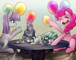 Size: 950x750 | Tagged: safe, artist:cosmalumi, maud pie, pinkie pie, earth pony, pony, g4, balloon, cup, eyes closed, female, mare, open mouth, rock, sitting, table, tea party, teacup, teapot
