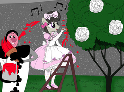 Size: 3000x2220 | Tagged: safe, artist:avchonline, octavia melody, earth pony, anthro, g4, alice in wonderland, bloomers, card, clothes, disney, dress, evening gloves, flower, gloves, hair bow, high res, ladder, makeup, mary janes, music notes, paint, painting, pantyhose, petticoat, pinafore, puffy sleeves, ribbon, rose, ruffles, scene interpretation, sweet lolita