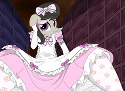 Size: 3000x2194 | Tagged: safe, artist:avchonline, octavia melody, earth pony, anthro, g4, alice in wonderland, clothes, dress, evening gloves, female, giantess, gloves, hair bow, high res, macro, makeup, pantyhose, petticoat, pinafore, puffy sleeves, ribbon, ruffles, scene interpretation, solo, sweet lolita
