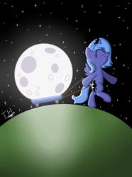 Size: 1406x1894 | Tagged: safe, artist:fakskis, princess luna, pony, g4, bipedal, cute, female, hoof hold, lunabetes, moon, s1 luna, solo, tangible heavenly object, wagon, walking