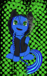 Size: 800x1280 | Tagged: safe, oc, oc only, oc:fae, oc:forlorn fate, earth pony, pony, avatar, braid, cigarette, clothes, green eyes, hoodie, long hair, long mane, pendant, sitting, smoking, snaggletooth, solo, two toned mane, underhoof