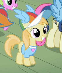 Size: 397x463 | Tagged: safe, screencap, alula, bon bon, daisy, flower wishes, noi, pluto, sweetie drops, earth pony, pony, g4, the mysterious mare do well, animated, background pony, clothes, cute, fake wings, female, filly, grin, hat, heart, mare, noiabetes, open mouth, rainbow dash fan, rainbow dash fanclub, smiling, solo focus, squee, wig
