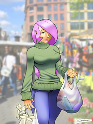Size: 1280x1707 | Tagged: safe, artist:garam, fluttershy, human, g4, breasts, busty fluttershy, clothes, humanized, shopping, sweater, sweatershy