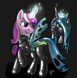 Size: 2000x2022 | Tagged: safe, artist:dombrus, princess cadance, queen chrysalis, changeling, pony, g4, bodysuit, changeling suit, chrysalis suit, clothes, costume, female, high res, hood, irony, latex, latex suit, magic, mare, mask, ponysuit, rubber, telekinesis