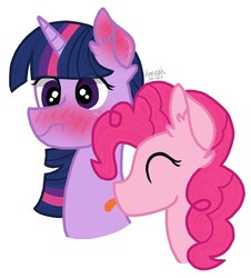 Size: 1479x1635 | Tagged: safe, artist:ivybrush, pinkie pie, twilight sparkle, g4, blushing, female, lesbian, licking, ship:twinkie, shipping, tongue out