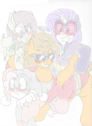 Size: 1700x2338 | Tagged: safe, artist:blackbewhite2k7, cheese sandwich, fluttershy, pinkie pie, rarity, g4, annoyed, blushing, catwoman, colored sketch, crossover, flustered, grabbing, group hug, harley quinn, plastic man, poison ivy, sketch, stretching, wip