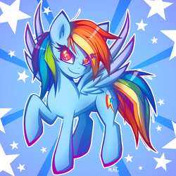 Size: 2000x2000 | Tagged: safe, artist:mimtii, rainbow dash, pegasus, pony, g4, female, high res, looking at you, mare, raised hoof, signature, solo, spread wings, stars, wings