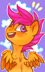Size: 250x400 | Tagged: safe, artist:yellowrobin, scootaloo, pegasus, pony, g4, back freckles, body freckles, cute, cutealoo, ear freckles, female, freckles, looking at you, looking back, looking back at you, open mouth, open smile, signature, simple background, smiling, solo, spread wings, teeth, wing freckles, wings