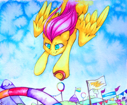 Size: 2329x1932 | Tagged: safe, artist:yellowrobin, fluttershy, equestria games (episode), g4, aerial relay, equestria games, female, flying, pennant, racing, solo, traditional art, watercolor painting
