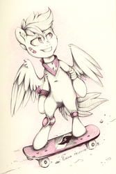 Size: 2000x2987 | Tagged: safe, artist:yellowrobin, scootaloo, pony, g4, bandage, bandana, bipedal, cutie mark, female, grin, high res, looking back, simple background, skateboard, skating, solo, the cmc's cutie marks, traditional art